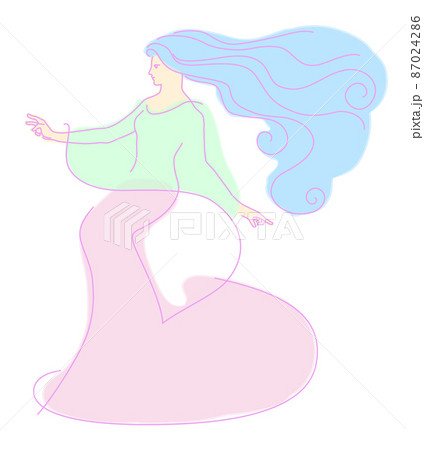 シンプルな線と淡い色で描かれた ながい髪の女性の全身のイラストのイラスト素材