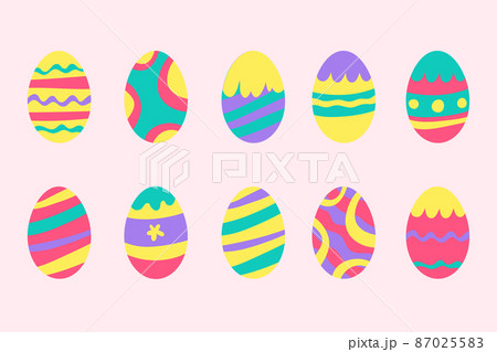 Colored easter eggs or color ostern egg icons with decoration patterns vector illustration. EPS 87025583