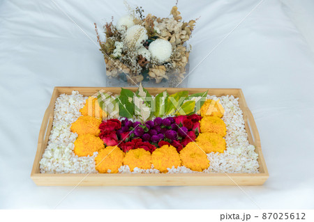 Thai wedding ceremony concept. Flower on honeymoon bed is a part of bride price in Thai wedding 87025612