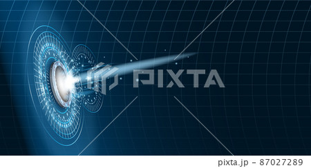 Teleport futuristic portal circle science, sky-fi digital, tunnel with light rays and glows, podium, projector. HUD menu user interface. Vector illustration, black blue background 87027289