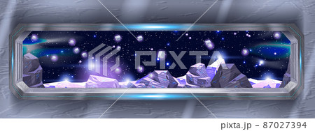 Spaceship window view, future spacecraft interior, vector alien planet rock stone meteorite surface Spaceship window view, future spacecraft interior, vector alien planet rock stone meteorite surface 87027394