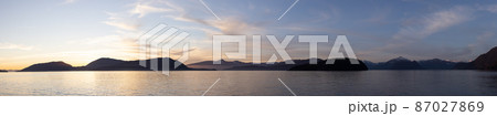 Panoramic View of Canadian Nature Mountain Landscape on the Pacific Ocean West Coast. Panoramic View of Canadian Nature Mountain Landscape on the Pacific Ocean West Coast. 87027869