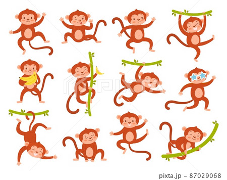 Cute monkey character. Funny jungle baby animal mascot in different poses, various emotion, exotic tropical playing mammal, ape hanging on vines hold bananas, cartoon wildlife vector set 87029068