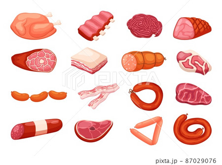 Cartoon raw meat food. Fresh farm animal products, protein meal, chicken, sausages and steak, beef and pork, sheep meat ingredients, bacon and salami, barbecue grill menu, vector set 87029076