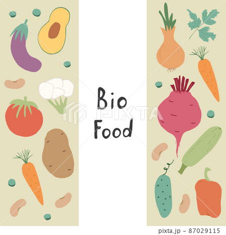 Vegetables seamless pattern. Vegetarian healthy bio food background, Vegan organic eco products pepper, tomato, cucumber, carrot, potato, avocado, beans and peas. Vector illustration Vegetables seamless pattern. Vegetarian healthy bio food background, Vegan organic eco products pepper, tomato, cucumber, carrot, potato, avocado, beans and peas. Vector illustration 87029115