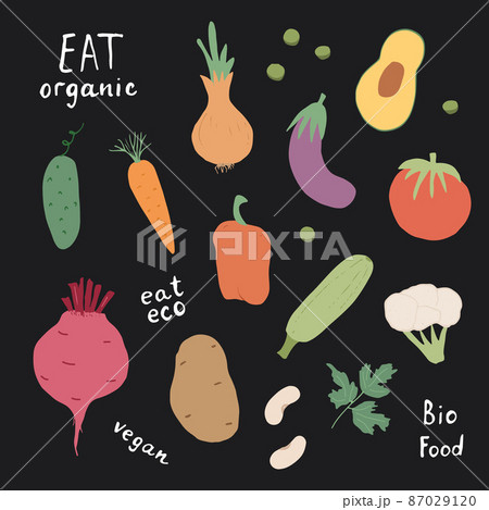 Vegetables seamless pattern. Vegetarian healthy bio food background, Vegan organic eco products pepper, tomato, cucumber, carrot, potato, avocado, beans and peas. Vector illustration Vegetables seamless pattern. Vegetarian healthy bio food background, Vegan organic eco products pepper, tomato, cucumber, carrot, potato, avocado, beans and peas. Vector illustration 87029120