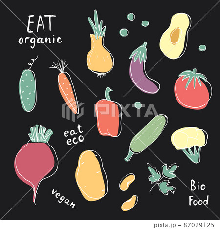 Vegetables seamless pattern. Vegetarian healthy bio food background, Vegan organic eco products pepper, tomato, cucumber, carrot, potato, avocado, beans and peas. Vector illustration Vegetables seamless pattern. Vegetarian healthy bio food background, Vegan organic eco products pepper, tomato, cucumber, carrot, potato, avocado, beans and peas. Vector illustration 87029125