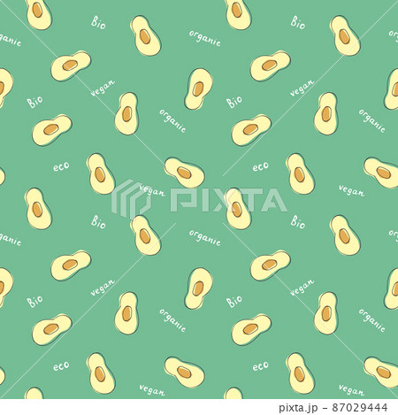 Avocado Vegetables seamless pattern. Vegetarian healthy bio food background, Vegan organic eco products. Vector illustration Avocado Vegetables seamless pattern. Vegetarian healthy bio food background, Vegan organic eco products. Vector illustration 87029444