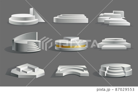 Collection of podium realistic. Showroom pedestals floor stage platforms vector isolated mockup. 3D realistic empty podiums with steps. Concept of showcase for product, promotion sale or presentation 87029553