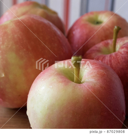 A few ripe striped apples, a close-up shot. Apples of the gala and Ligol varieties. 87029808