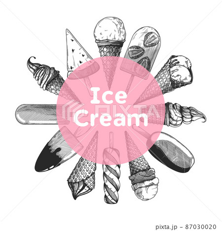 Pattern with ice cream. Realistic ice cream. Vector illustration in sketch style Pattern with ice cream. Realistic ice cream. Vector illustration in sketch style 87030020
