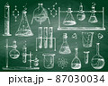 Set of different pharmaceutical flasks, beakers and test tubes. Sketch of chemical laboratory objects on a chalk board. 87030034