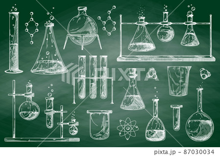 Set of different pharmaceutical flasks, beakers and test tubes. Sketch of chemical laboratory objects on a chalk board. Set of different pharmaceutical flasks, beakers and test tubes. Sketch of chemical laboratory objects on a chalk board. 87030034