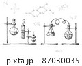 Sketch of objects of a chemical laboratory. Glassware for a chemical experiment. Vector pharmaceutical flasks, beakers and test tubes. 87030035