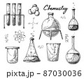 Set of different pharmaceutical flasks, beakers and test tubes. A sketch of chemical laboratory objects. 87030036