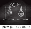 Sketch of chemical laboratory objects. Glassware for a chemical experiment on a chalk board. Vector pharmaceutical flasks, beakers and test tubes. 87030037