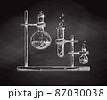 Sketch of chemical laboratory objects. Glassware for a chemical experiment on a chalk board. Vector pharmaceutical flasks, beakers and test tubes. 87030038