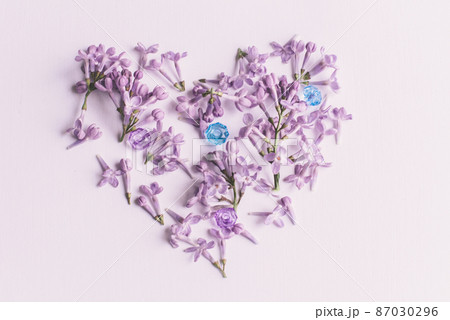 Spring flowers. Lilac flowers petals on white wooden background. Top view, flat lay Spring flowers. Lilac flowers petals on white wooden background. Top view, flat lay 87030296
