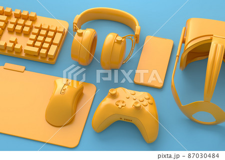 Top view of gamer workspace and monochrome gear like mouse, keyboard, joystick, headset, VR Headset on blue and yellow table background. 3d rendering of accessories for live streaming concept top view 87030484