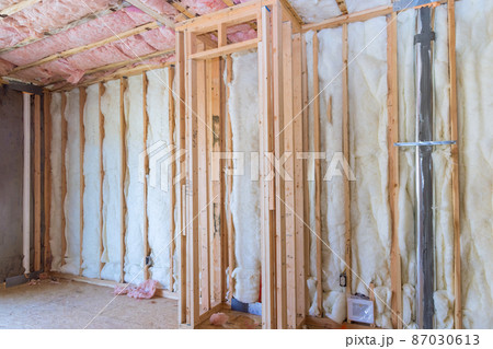 Wooden frame walls with insulated with rock wool fiberglass insulation for cold barrier 87030613
