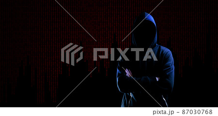 Hacker security cyber attack. Hacker man hand isolated on black. Blurred internet web hack technology with flare ray flash effect. Login and password, cybersecurity banner concept. 87030768