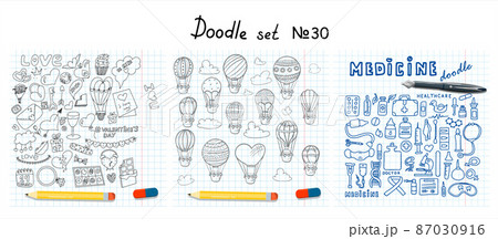Big doodle medical, Valentine s day and hot air balloons sets. Vector colorful illustration for the holiday on February 14. Hand draw set for pharmacy. Icons for banners, sales, apps, or ads Big doodle medical, Valentine s day and hot air balloons sets. Vector colorful illustration for the holiday on February 14. Hand draw set for pharmacy. Icons for banners, sales, apps, or ads 87030916