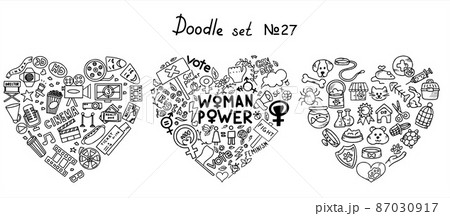 A set of doodle signs of feminism, women s rights. Hand drawn vector icons set of pets and Cinema, TV Shows, Series and Movies. A rally to fight for voting rights. International women s day 8 march A set of doodle signs of feminism, women s rights. Hand drawn vector icons set of pets and Cinema, TV Shows, Series and Movies. A rally to fight for voting rights. International women s day 8 march 87030917