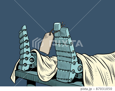 the death robot corpse in the morgue, the tag on the leg. A victim of violence. Death of Technology concept the death robot corpse in the morgue, the tag on the leg. A victim of violence. Death of Technology concept 87031050