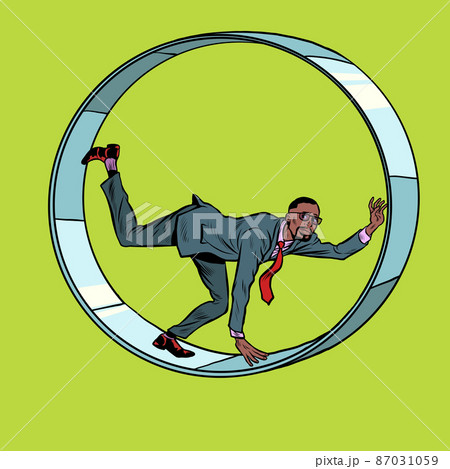 african businessman in a squirrel wheel. Routine monotonous work. A man in captivity of his affairs 87031059