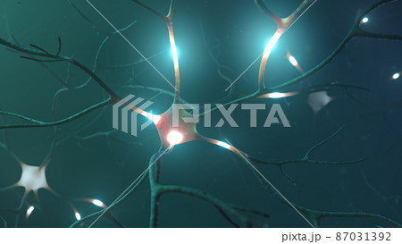Neuron signal transfer from low to high activity 3D rendered 87031392