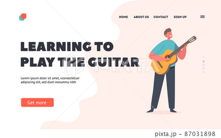 Little Boy Character Learning to Play Guitar Landing Page Template. Little Musician with String Instrument Performance 87031898