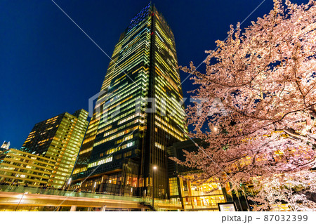 東京都　港区赤坂　満開の桜と東京ミッドタウンの夜景 87032399