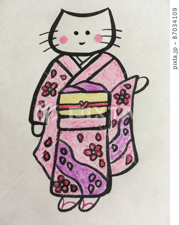 振袖を着てお澄まし顔の猫 振袖を着てお澄まし顔の猫 87034109