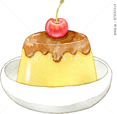 サクランボが乗ったカスタードプリンのイラスト 87035314