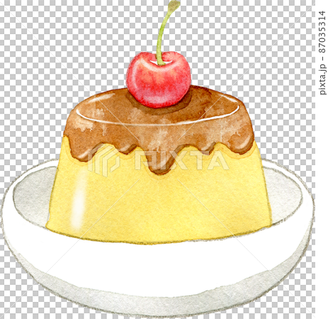 サクランボが乗ったカスタードプリンのイラスト 87035314