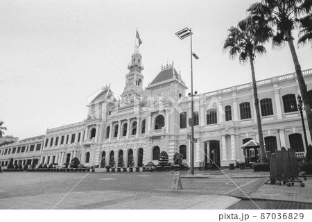 Black and white landscape photo film: street life in Ho Chi Minh city. 87036829