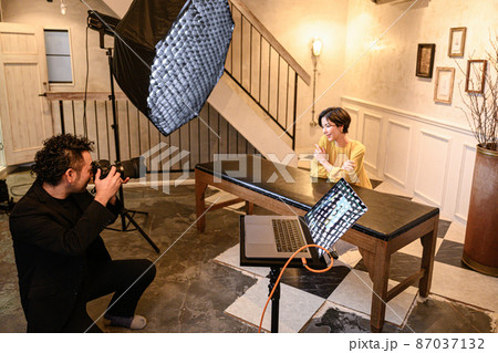 スタジオで撮影するカメラマンとモデルさん　やや俯瞰 87037132