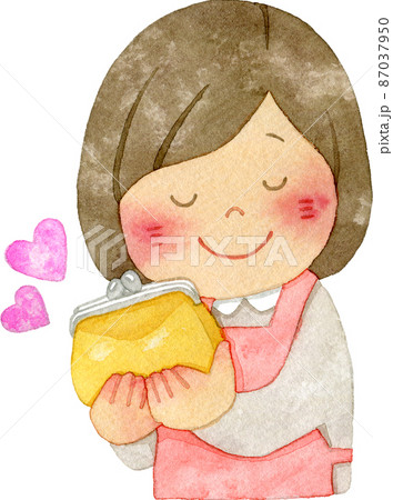 お財布にうっとりと頬擦りする主婦のイラストのイラスト素材
