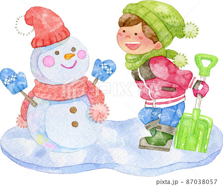 雪だるまと男の子のイラスト(雪の地面付き) 87038057