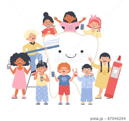 Funny boys and girls brushing tooth, cartoon flat vector illustration isolated. 87040204