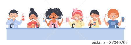 Funny kids brushing teeth behind sink, flat cartoon vector illustration isolated. 87040205