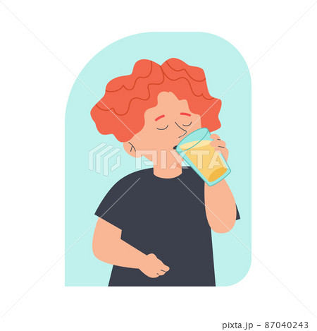 Child boy drinking orange juice from glass flat vector illustration isolated. 87040243