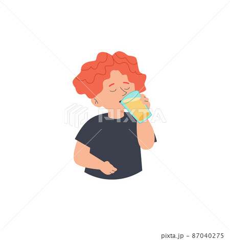 Cute boy drinking glass of juice flat cartoon vector illustration isolated. 87040275