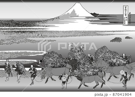 葛飾北斎イメージ駿州大野新田題名入り白黒 葛飾北斎イメージ駿州大野新田題名入り白黒 87041904