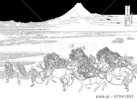 葛飾北斎イメージ駿州大野新田題名入り線黒バック 葛飾北斎イメージ駿州大野新田題名入り線黒バック 87041905