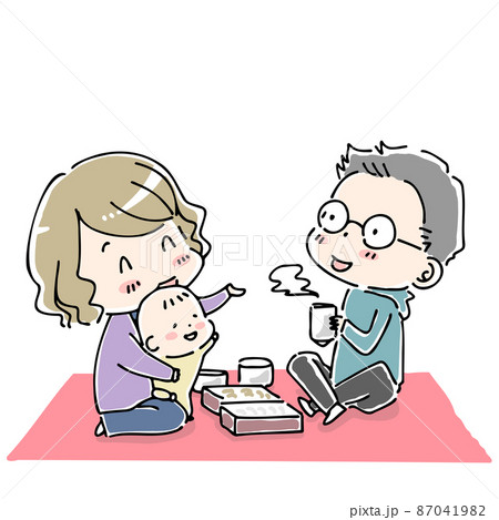 ピクニックシートを広げてお弁当を食べる家族 87041982