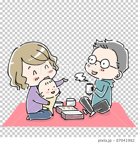 ピクニックシートを広げてお弁当を食べる家族 87041982