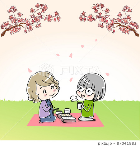 花見をしながらピクニックシートを広げてお弁当を食べる女性たち 87041983