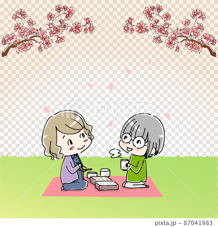 花見をしながらピクニックシートを広げてお弁当を食べる女性たち 87041983