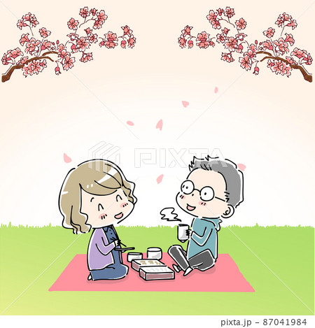 桜の木の下でピクニックシートを広げてお弁当を食べる男女 桜の木の下でピクニックシートを広げてお弁当を食べる男女 87041984